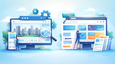 مقارنة بين الموقع العقاري المخصص والقالب الجاهز، مع صورة توضح الفرق بين مرونة التخصيص وسهولة استخدام القوالب الجاهزة في بيئة عقارية