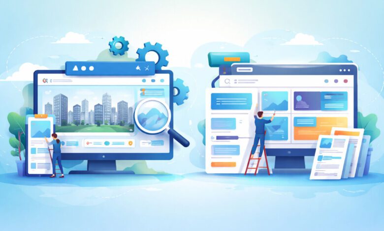 مقارنة بين الموقع العقاري المخصص والقالب الجاهز، مع صورة توضح الفرق بين مرونة التخصيص وسهولة استخدام القوالب الجاهزة في بيئة عقارية