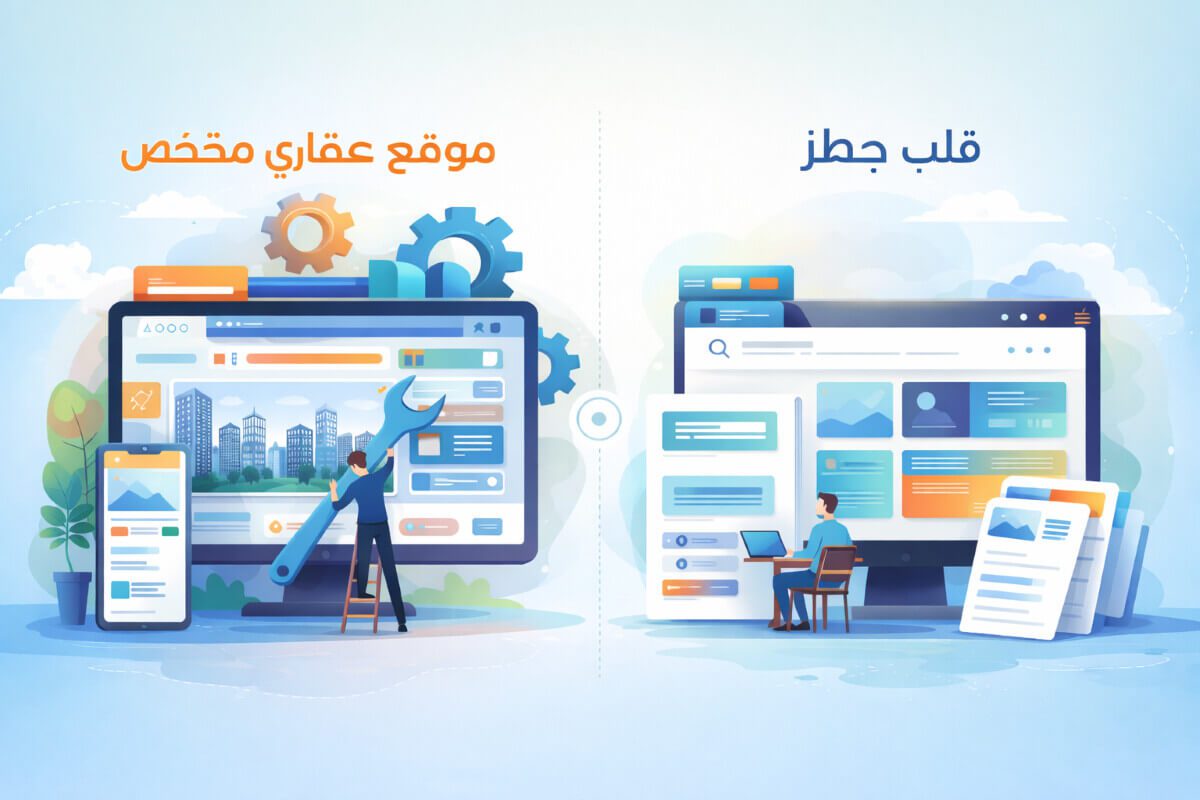 مقارنة بين الموقع العقاري المخصص والقالب الجاهز، مع صورة توضح الفرق بين مرونة التخصيص وسهولة استخدام القوالب الجاهزة في بيئة عقارية