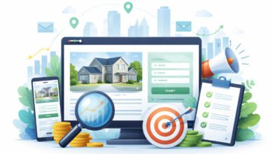 صورة توضح مفهوم موقع عقاري مُحسّن، تعرض شاشة كمبيوتر بها موقع يحتوي على صورة منزل ضاحية، نموذج تواصل، وأيقونات تسويقية، بالإضافة إلى هاتف ذكي يعرض نفس التخطيط مع عدسة مكبرة تُبرز رسم بياني تصاعدي، وقائمة مرجعية مع مكبر صوت.