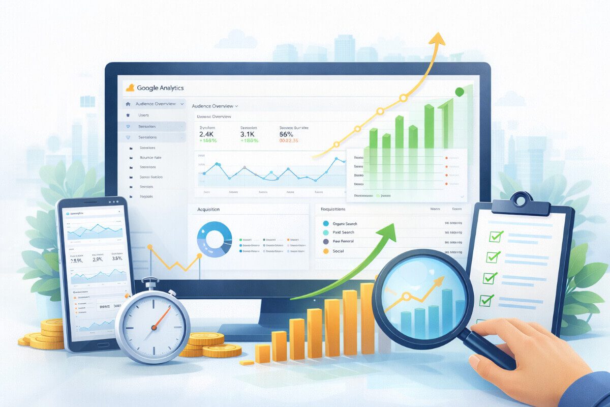 صورة توضح تتبع أداء الموقع باستخدام أدوات تحليل البيانات مثل Google Analytics، مع رسومات بيانية توضح النمو، معدل الزيارات، المصادر، بالإضافة إلى جهاز كمبيوتر وهاتف محمول يعرض البيانات، وساعة توقيت ورسم بياني لتحسين الأداء.