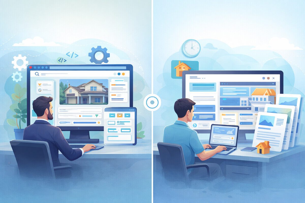 مقارنة بين الموقع العقاري المخصص والقالب الجاهز، مع صورة توضح الفرق بين تخصيص موقع مع تفاصيل فنية وبين استخدام قالب جاهز لتصميم المواقع العقارية