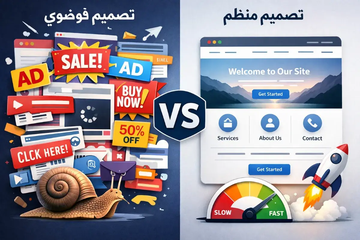 مقارنة بين تصميم موقع عيادة فوضوي وبطيء مقابل تصميم منظم وسريع