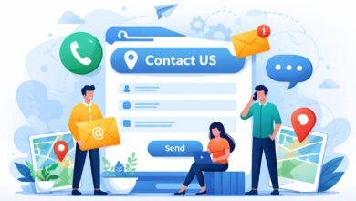 واجهة صفحة اتصل بنا لموقع شركة مع نموذج تواصل، أزرار CTA واضحة، أيقونات التواصل الاجتماعي وخريطة الموقع، تصميم جذاب وسهل الاستخدام