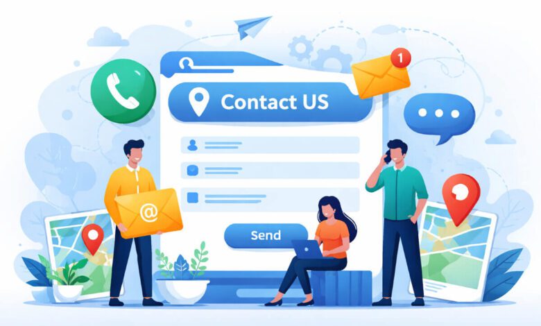 واجهة صفحة اتصل بنا لموقع شركة مع نموذج تواصل، أزرار CTA واضحة، أيقونات التواصل الاجتماعي وخريطة الموقع، تصميم جذاب وسهل الاستخدام