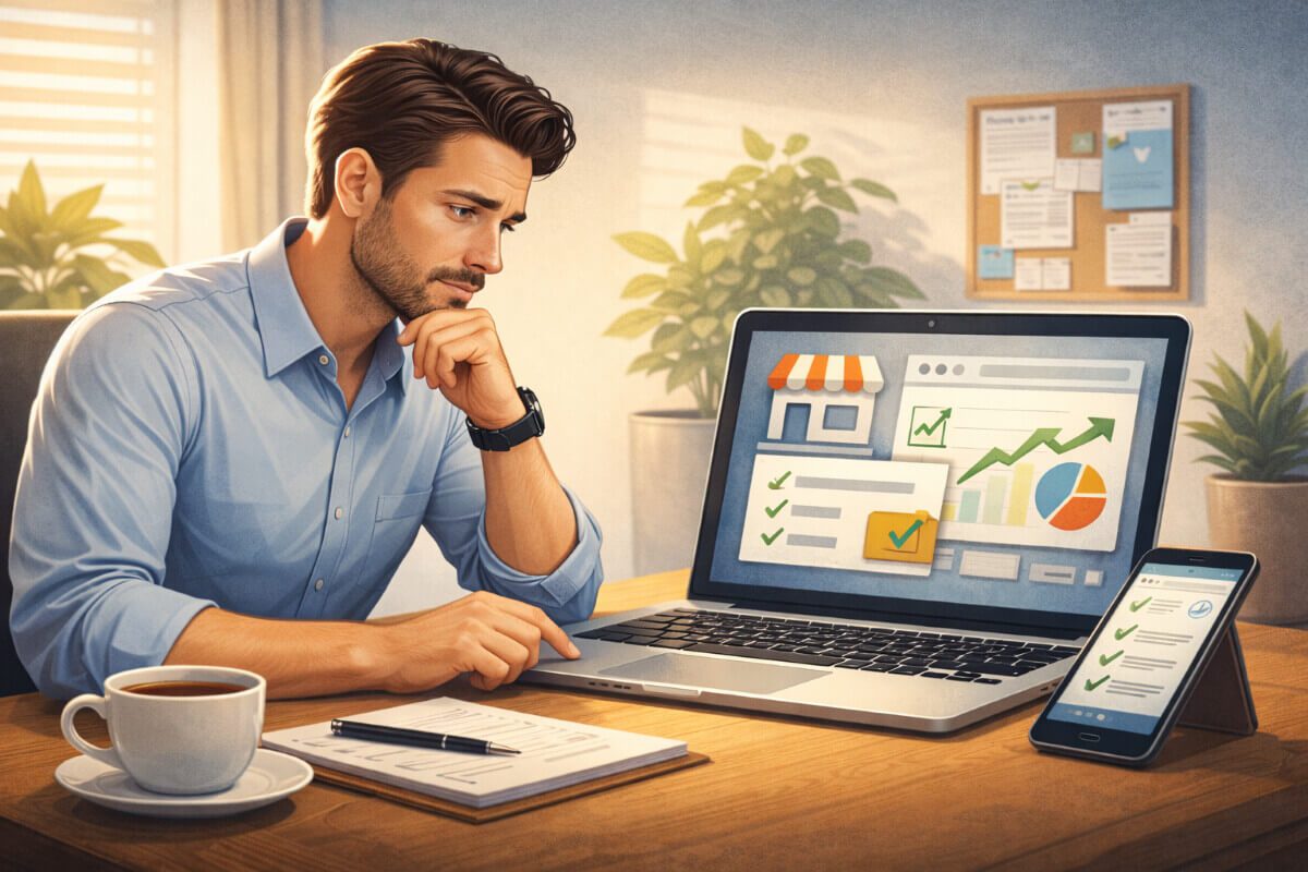 صاحب عمل يراجع موقع شركته بهدوء استعدادًا لتحسين الأداء 