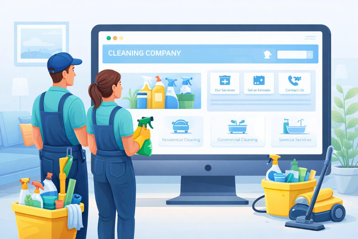 فريق شركة تنظيف يطّلع على موقع احترافي يعرض الخدمات بشكل منظم
