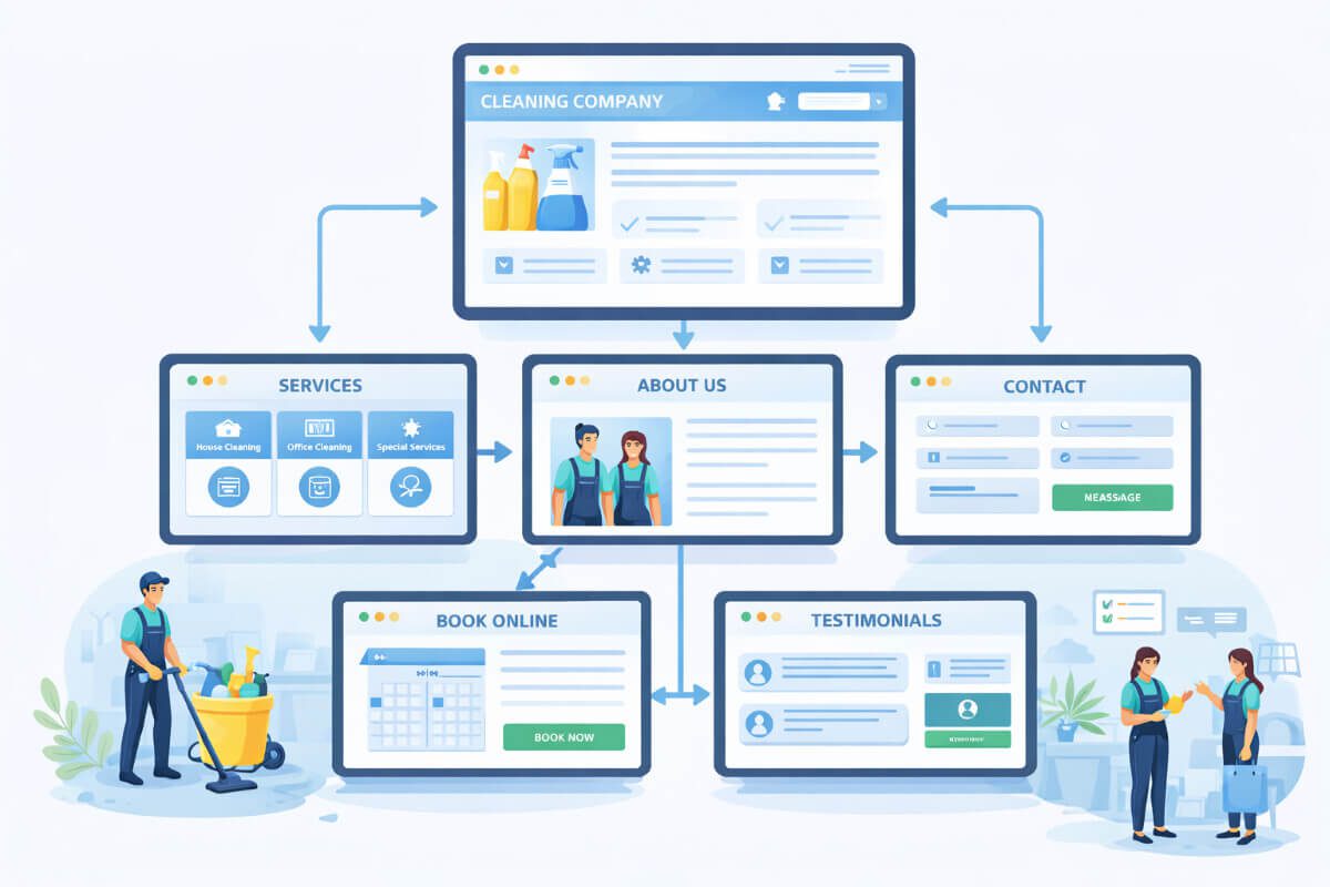 مخطط يوضح الصفحات الأساسية في موقع شركة تنظيف مثل الخدمات والتواصل