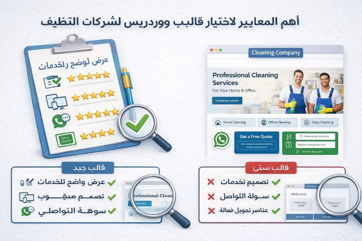 معايير اختيار قالب ووردبريس لشركات التنظيف مثل وضوح الخدمات وسهولة التواصل
