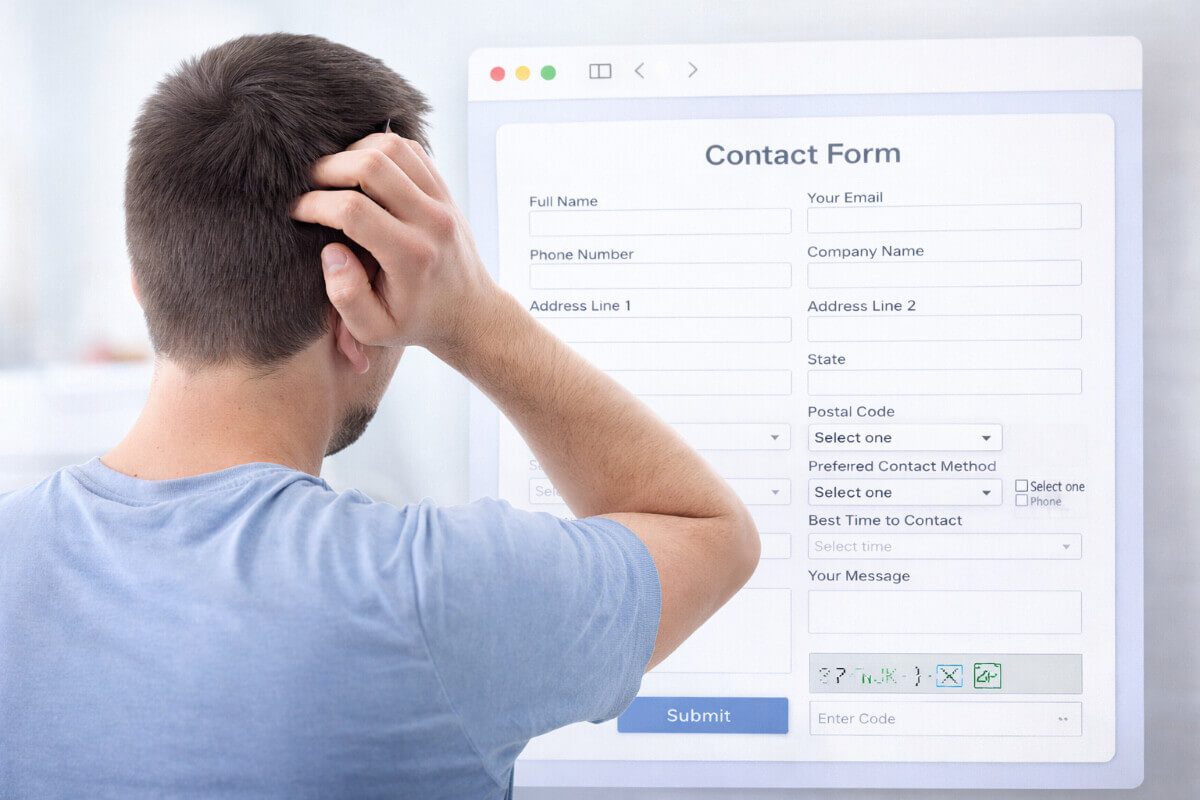 مستخدم متردد أمام نموذج تواصل طويل ومعقد في موقع شركة