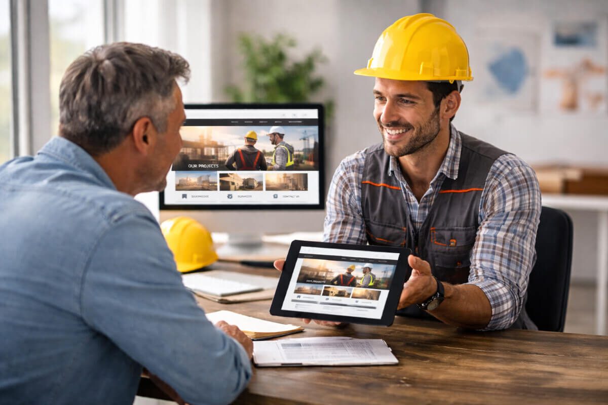 مقاول يشرح خدماته ومشاريعه لعميل باستخدام موقعه الإلكتروني داخل المكتب