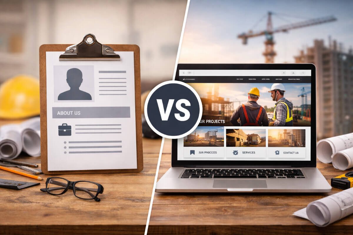 مقارنة بصرية بين صفحة تعريف بسيطة للمقاول وموقع إلكتروني احترافي يعرض المشاريع والخدمات