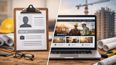 مقارنة بين صفحة تعريف بسيطة للمقاول وعرض موقع إلكتروني احترافي مع صور لمشاريع سابقة وأدوات البناء