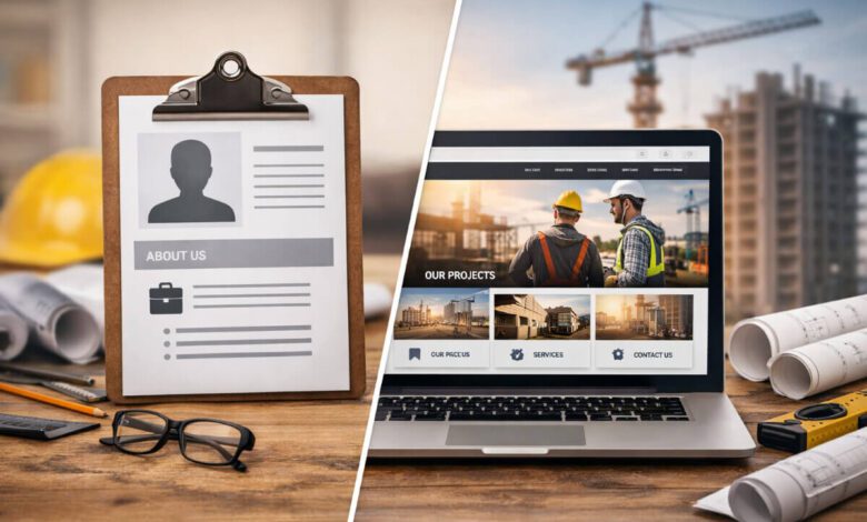 مقارنة بين صفحة تعريف بسيطة للمقاول وعرض موقع إلكتروني احترافي مع صور لمشاريع سابقة وأدوات البناء