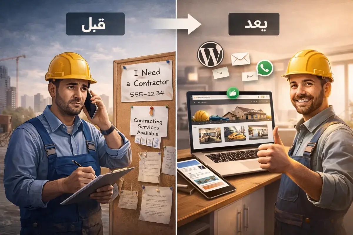 الفرق بين المقاول بدون موقع إلكتروني والمقاول الذي يستخدم موقع ووردبريس لجذب العملاء