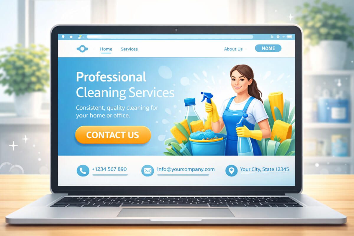 واجهة موقع شركة تنظيف على لابتوب وهاتف ذكي، تظهر الخدمة بشكل واضح ووسائل التواصل مرئية.