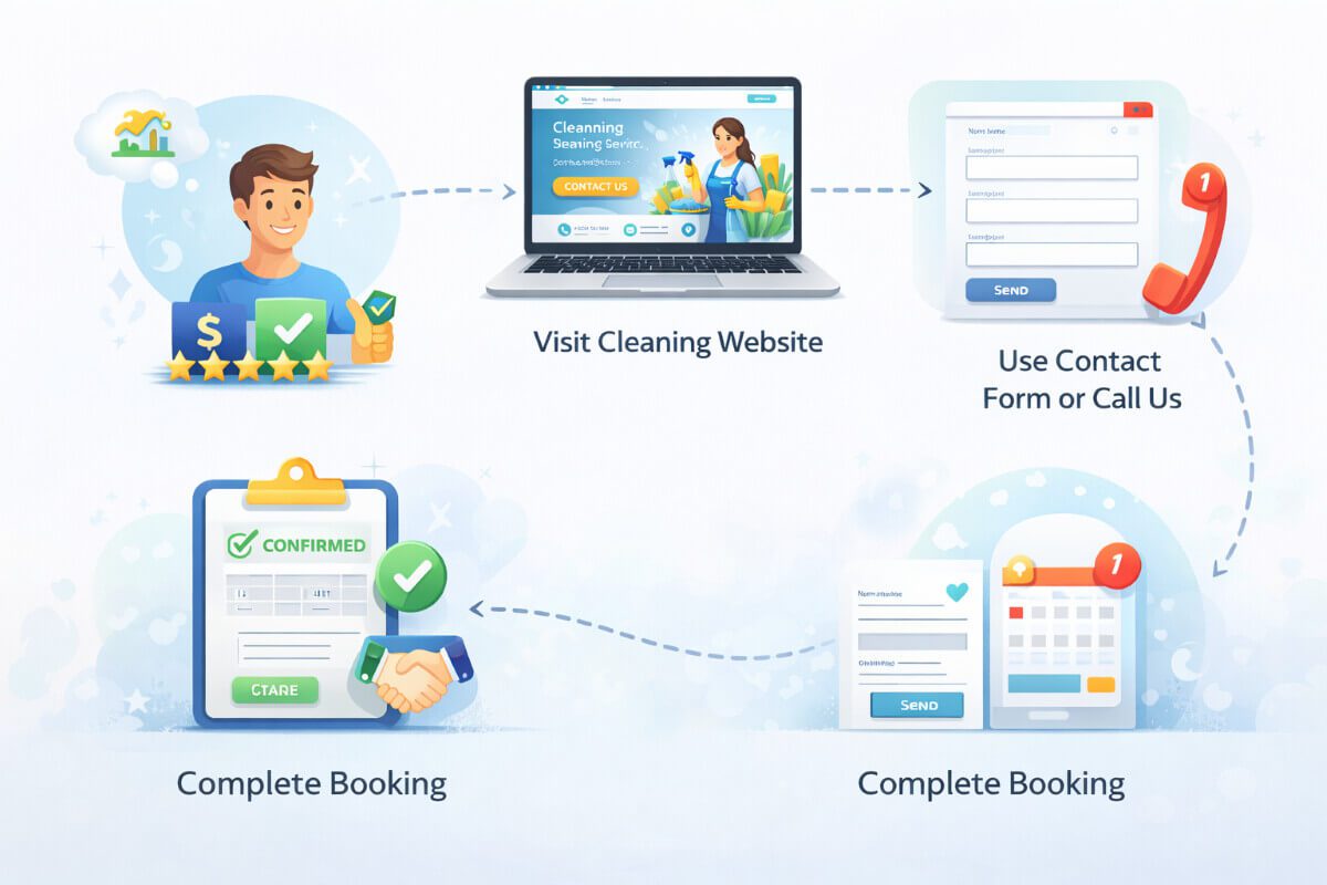 رسم توضيحي يوضح رحلة الزائر على موقع شركة تنظيف من زيارة الصفحة الرئيسية إلى التواصل عبر نموذج أو هاتف.