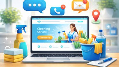 واجهة موقع شركة تنظيف على لابتوب وهاتف ذكي، مع أدوات تنظيف وأيقونات تواصل مرئية، تعكس تجربة مستخدم واضحة وجذابة.