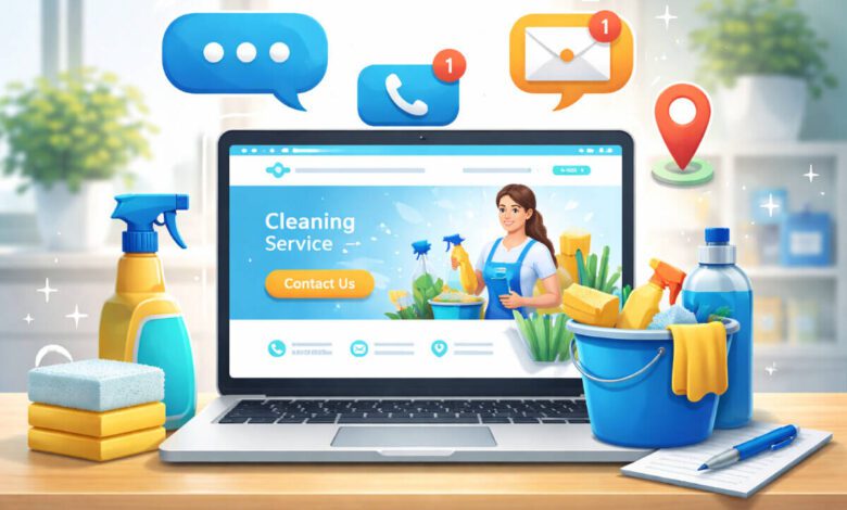 واجهة موقع شركة تنظيف على لابتوب وهاتف ذكي، مع أدوات تنظيف وأيقونات تواصل مرئية، تعكس تجربة مستخدم واضحة وجذابة.