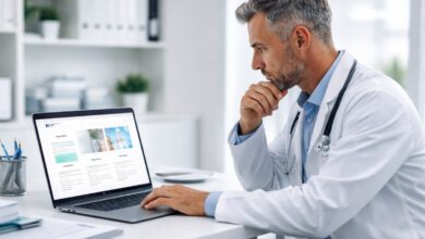 طبيب يراجع موقع عيادة طبية على الكمبيوتر في مكتب طبي حديث