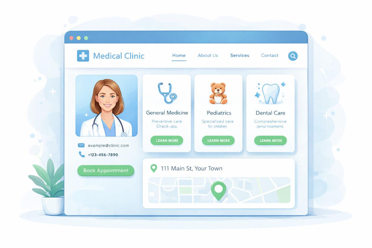 واجهة موقع عيادة طبية توضح الخدمات ومعلومات التواصل بشكل منظم