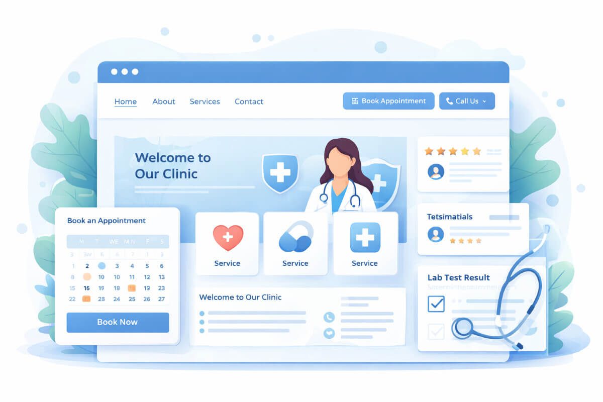 واجهة موقع عيادة طبية منظمة تعكس الاحترافية وتجربة مريض واضحة