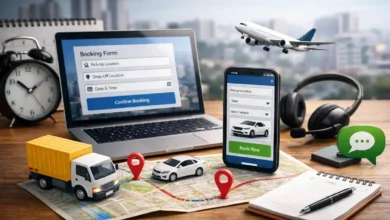 نموذج طلب خدمة نقل عبر الموقع يظهر على اللابتوب والهاتف مع خريطة وشاحنة نقل