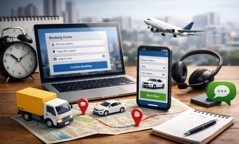 نموذج طلب خدمة نقل عبر الموقع يظهر على اللابتوب والهاتف مع خريطة وشاحنة نقل