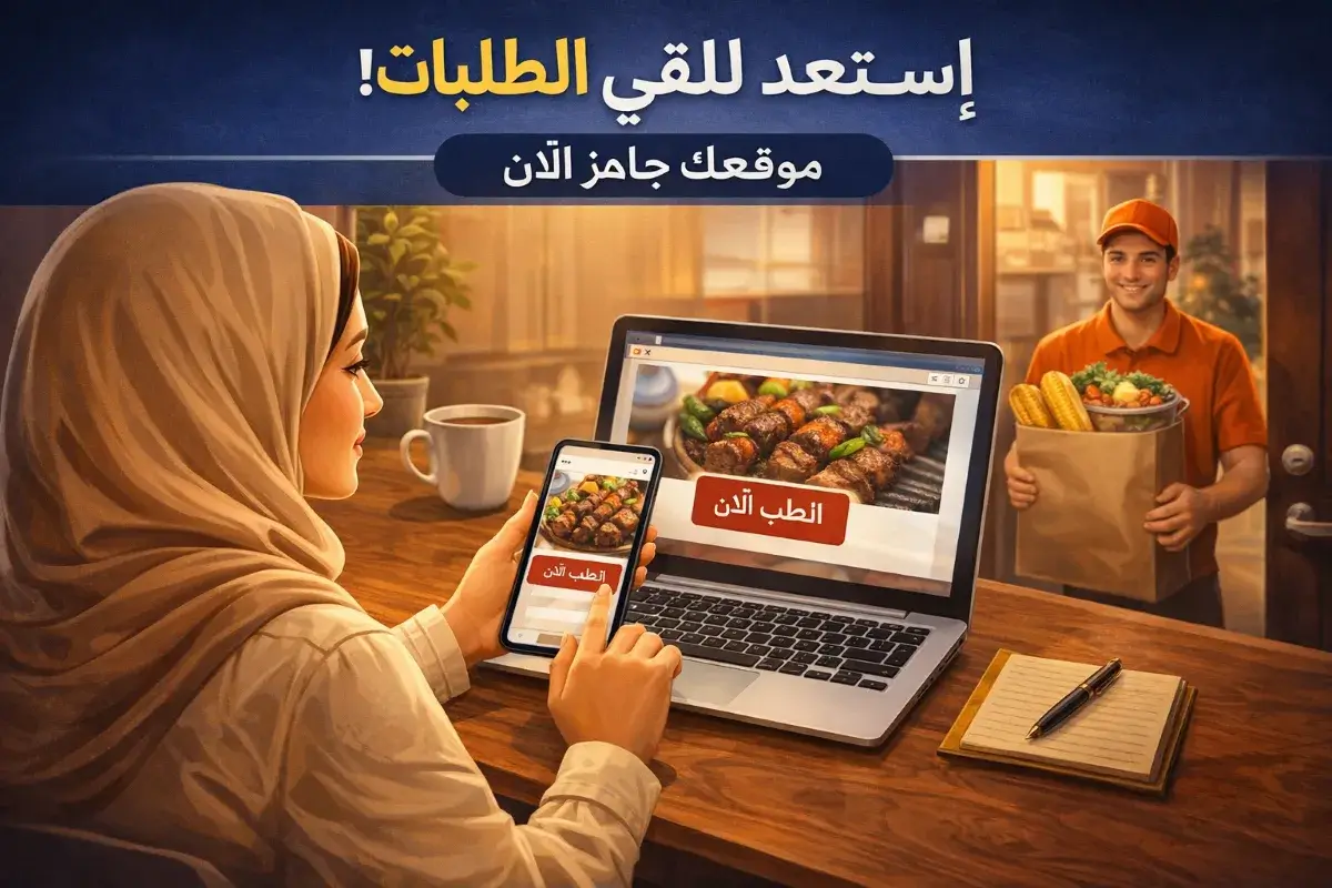 عميل يطلب الطعام عبر موقع مطعم باستخدام الهاتف والكمبيوتر بسهولة