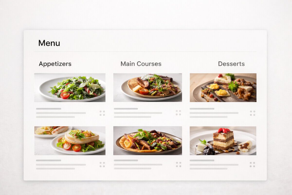 عرض قائمة طعام منظم داخل موقع مطعم احترافي
