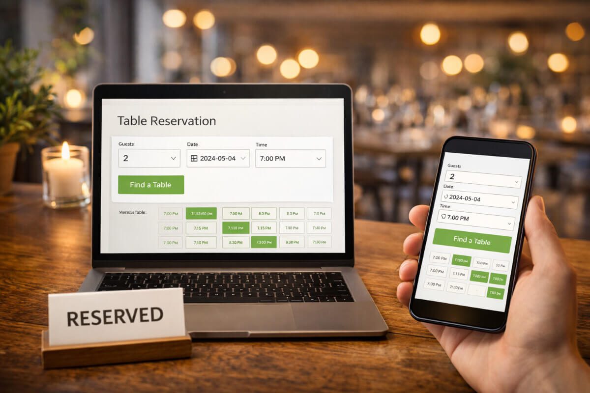 واجهة حجز طاولات لموقع مطعم تعمل بسلاسة على الجوال والكمبيوتر