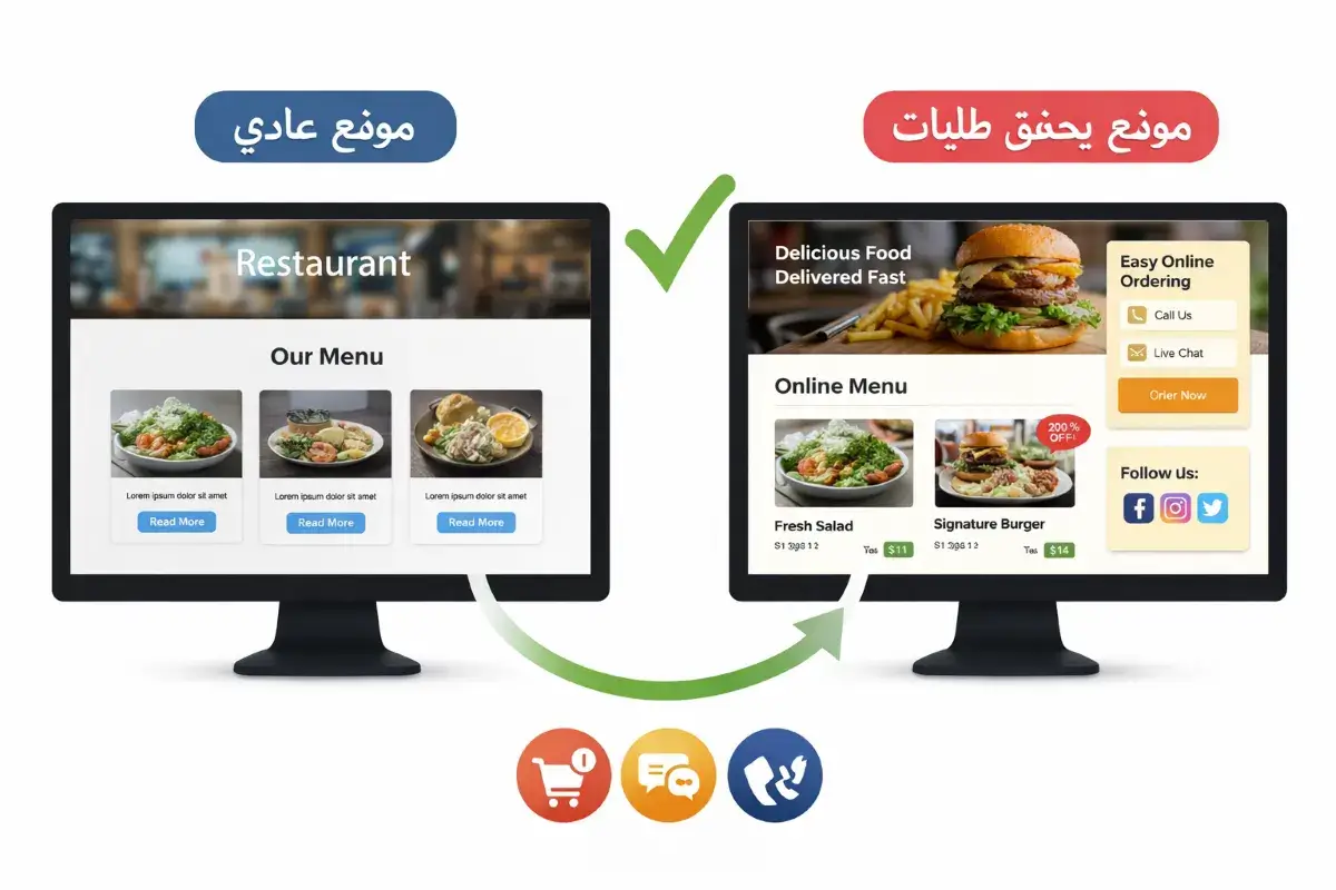 مقارنة بين موقع مطعم عادي وموقع احترافي يزيد الطلبات وتجربة المستخدم