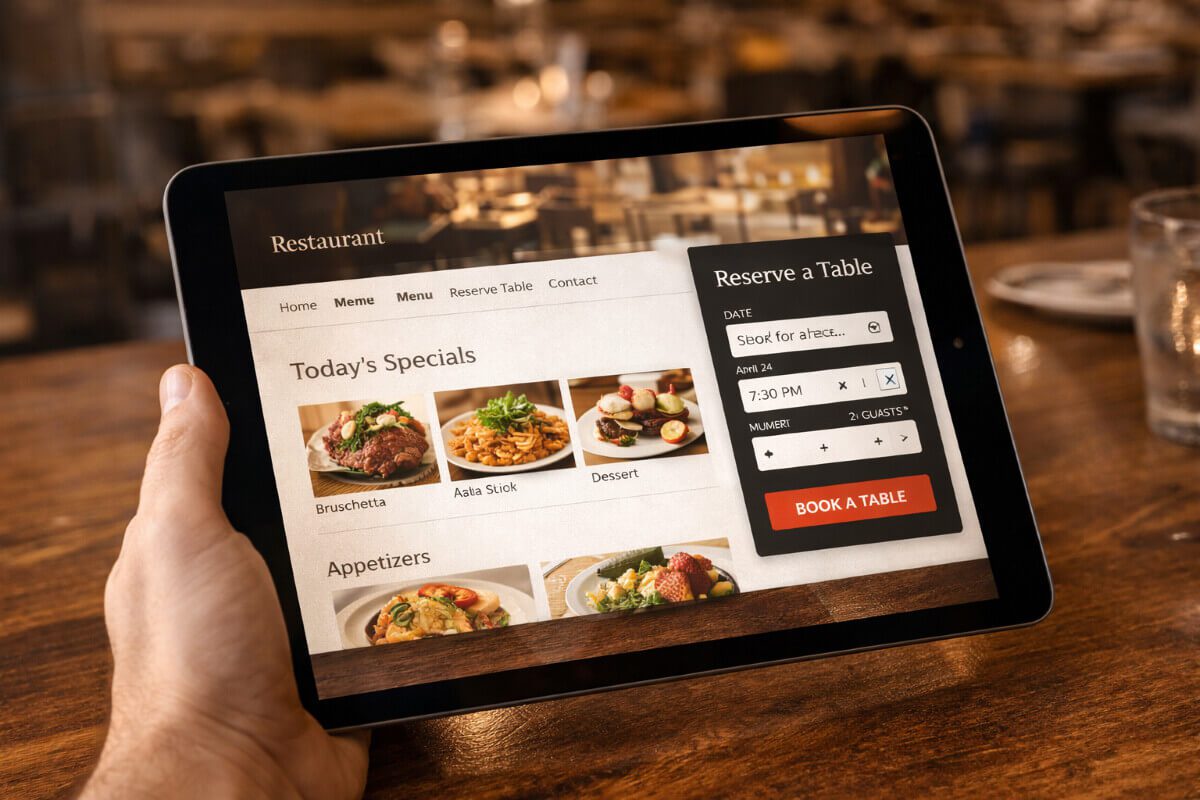 موقع مطعم يعرض قائمة الطعام ويوفر حجز الطاولات بسهولة