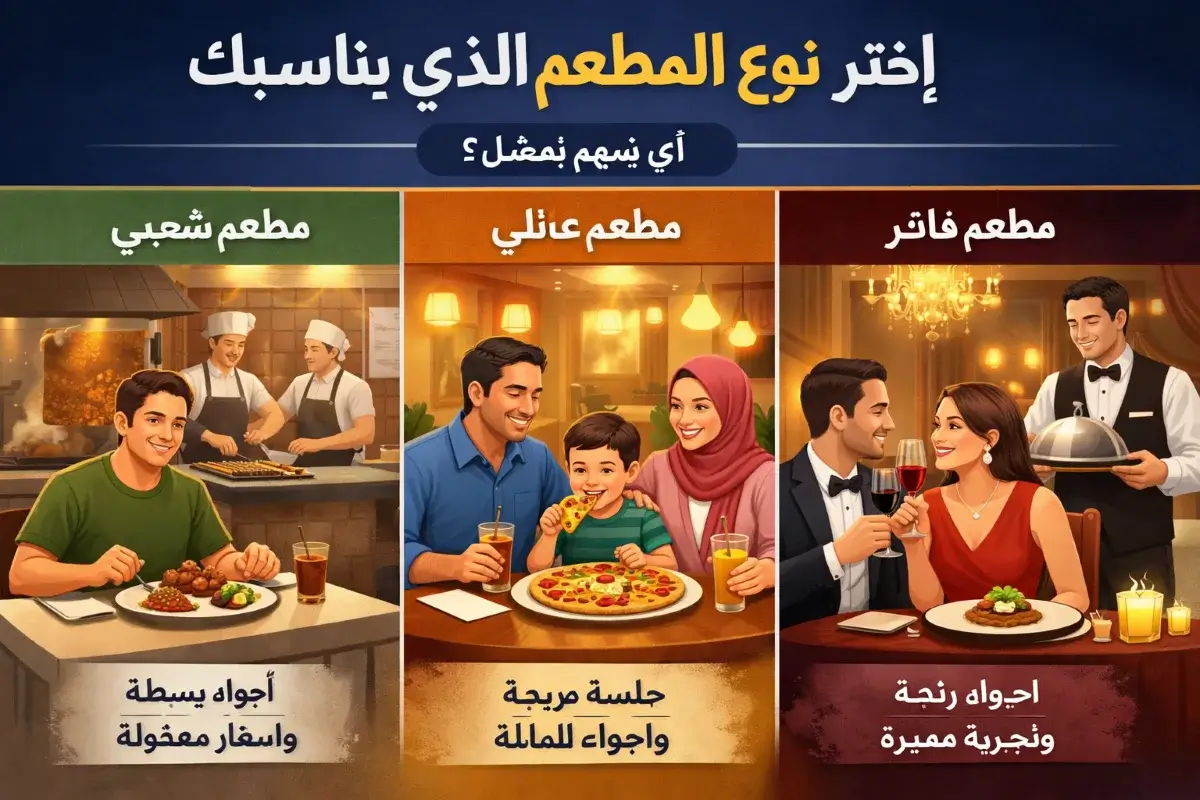 أنواع مواقع المطاعم المختلفة من مطعم بسيط إلى فاخر مع اختلاف التصميم والتجربة