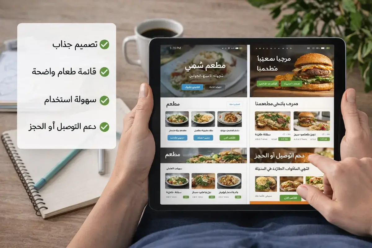 واجهة موقع مطعم احترافية توضح قائمة الطعام وسهولة الطلب وتجربة المستخدم