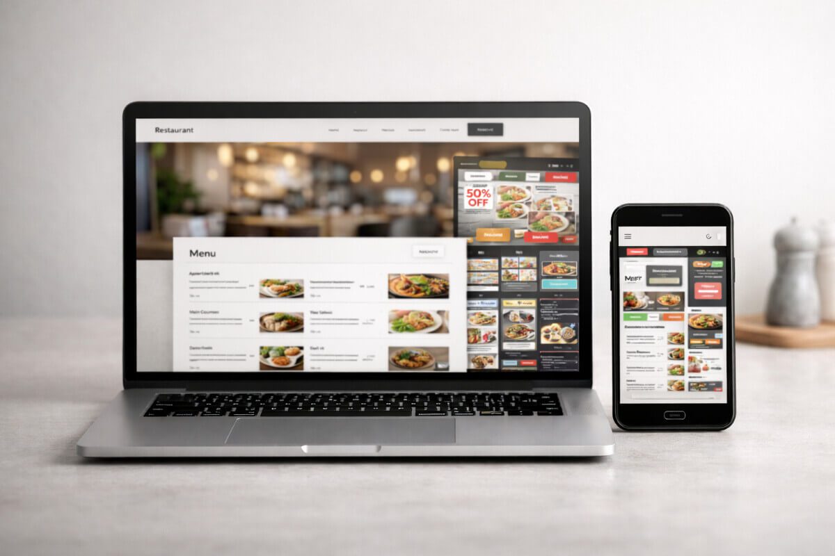 تجربة استخدام موقع مطعم احترافي على اللابتوب والجوال