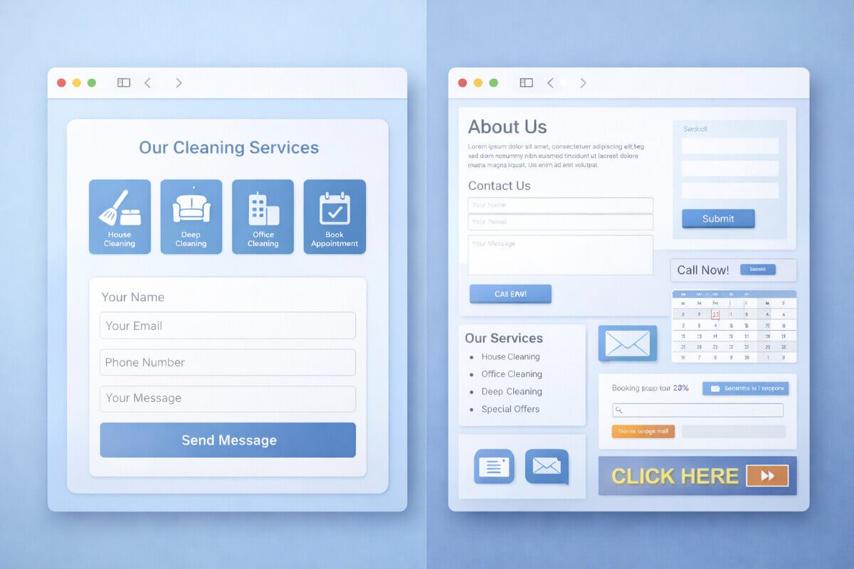 مقارنة بصرية بين نموذج تواصل منظم وآخر معقد في مواقع الشركات