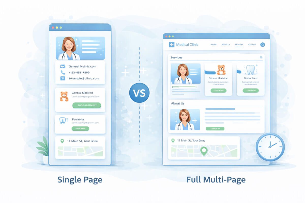 مقارنة بين موقع صفحة واحدة وموقع عيادة طبية متعدد الصفحات