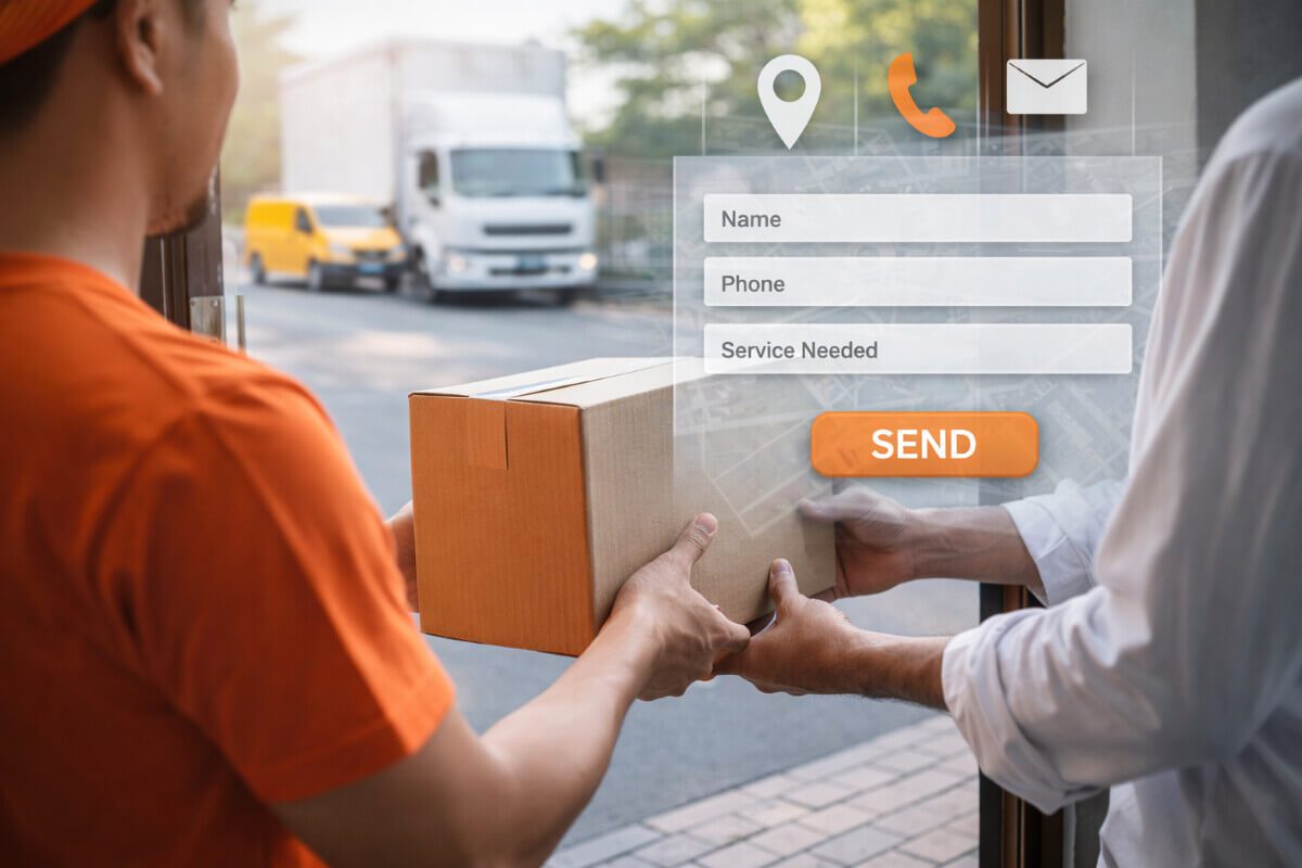 عميل يستلم شحنة مع واجهة طلب خدمة نقل عبر موقع الشركة