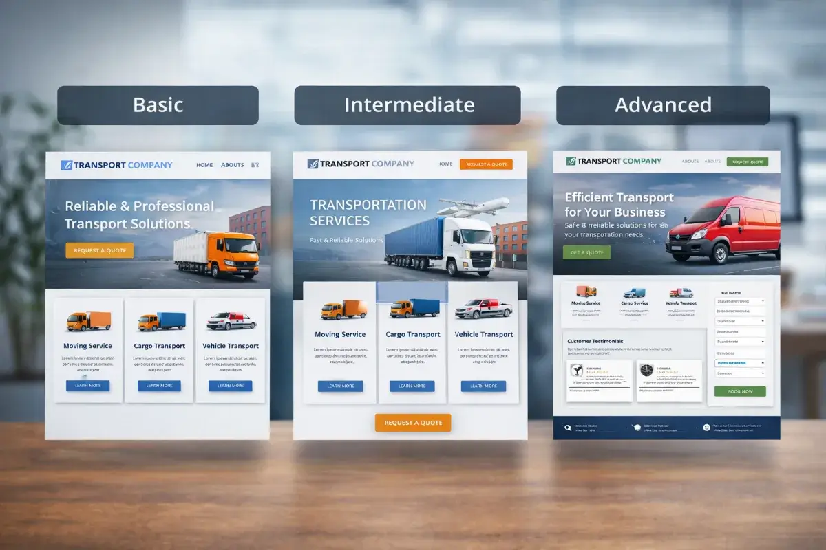 مقارنة بين تصميمات مواقع شركات نقل مختلفة تناسب الشركات الصغيرة والمتوسطة والمتقدمة