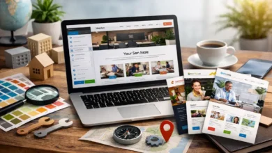 اختيار قالب ووردبريس متعدد الاستخدامات لموقع عمل محلي مع عرض تصميم الموقع على اللابتوب