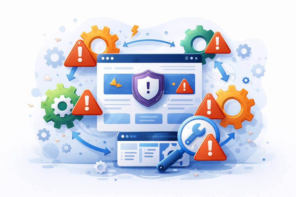 توضيح بصري لتعارض إضافات ووردبريس وتأثيرها على وظائف الموقع