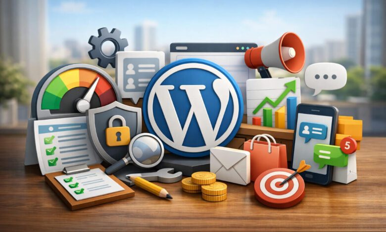 صورة توضيحية لإضافات ووردبريس الأساسية التي تحتاجها مواقع الأعمال المحلية لتحسين الأداء والتواصل