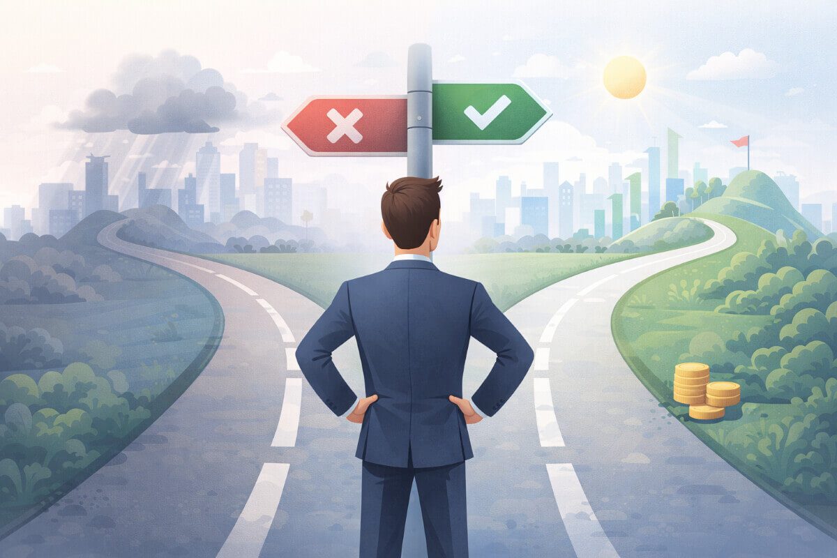 صاحب شركة يقف أمام خيارين لاتخاذ القرار المناسب لموقع شركته