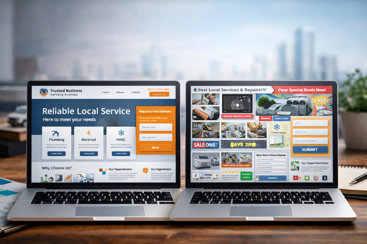 مقارنة بصرية بين موقع شركة خدمات منظم وآخر مزدحم يعيق التحويل