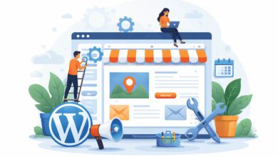 تصميم يوضح إنشاء موقع عمل محلي باستخدام ووردبريس مع التركيز على بناء موقع احترافي للأعمال المحلية