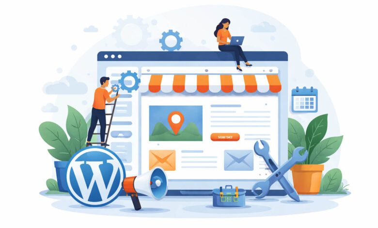 تصميم يوضح إنشاء موقع عمل محلي باستخدام ووردبريس مع التركيز على بناء موقع احترافي للأعمال المحلية