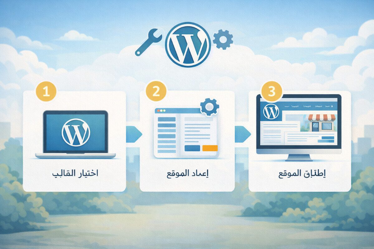 مخطط مبسّط يوضح خطوات إعداد موقع ووردبريس بدون تعقيد