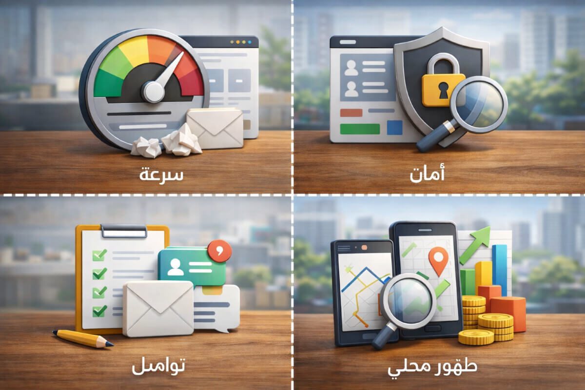 صورة توضيحية لفئات الإضافات الأساسية لمواقع الأعمال المحلية مثل السرعة والأمان والتواصل والظهور المحلي