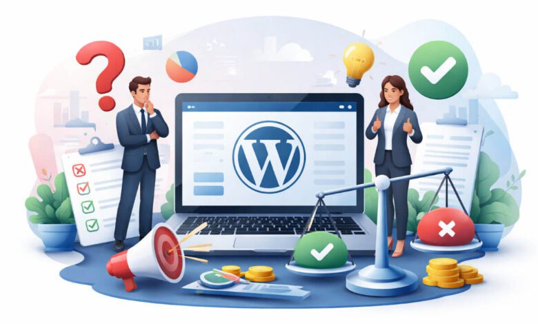 توضيح بصري لمقارنة ووردبريس لموقع شركة بين المزايا والعيوب قبل اتخاذ القرار